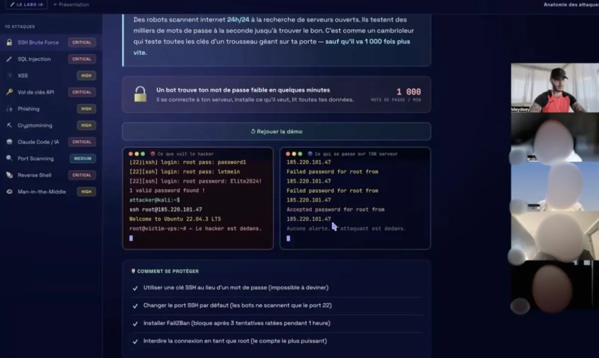Un écran de cours LE LABO IA sur l’anatomie des attaques, commenté pendant le live.