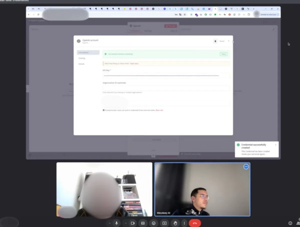 Une session de travail sur un outil d’automatisation, écran partagé et deux participants.